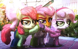 Size: 4074x2586 | Tagged: safe, artist:yourboimario, derpibooru import, apple bloom, scootaloo, sweetie belle, earth pony, pegasus, pony, unicorn, g4, alternate hairstyle, alternate universe, clothes, high res, horn, image, irl, photo, png, ponies in real life, trio