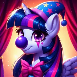 Size: 1024x1024 | Tagged: safe, ai content, derpibooru import, machine learning generated, prompter:heydude5321, twilight sparkle, alicorn, pony, g4, bowtie, clown, clown makeup, curtains, female, generator:bing image creator, generator:dall-e 3, hat, horn, image, jpeg, mare, solo, wings