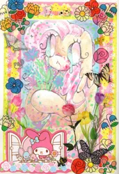 Size: 2048x3002 | Tagged: safe, artist:larvaecandy, derpibooru import, fluttershy, butterfly, insect, pegasus, pony, g4, flower, image, jpeg, sanrio, solo