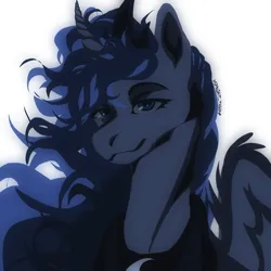 Size: 2285x2285 | Tagged: safe, artist:mdnght-thndr, derpibooru import, princess luna, alicorn, pony, bust, crown, female, image, jewelry, mare, peytral, png, portrait, regalia, signature, simple background, smiling, solo, white background