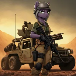 Size: 1024x1024 | Tagged: safe, ai content, derpibooru import, generator:google imagen 3.0, machine learning generated, prompter:zerowinger, limestone pie, anthro, earth pony, series:g.i. pony: a real equestrian hero, g4, assault rifle, clothes, cosplay, costume, crankcase, desert, female, frown, g.i. joe, gloves, gun, helmet, image, jeep, jpeg, military uniform, outdoors, rifle, solo, uniform, weapon