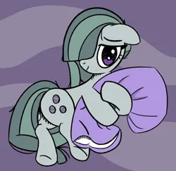 Size: 842x818 | Tagged: safe, ponerpics import, marble pie, earth pony, g4, bed hair, female, floppy ears, hug, image, looking at you, pillow, pillow hug, png, ponerpics exclusive, simple background, smiling, smiling at you, solo