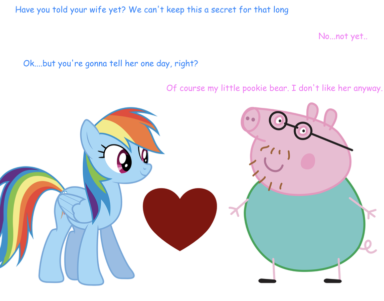 Size: 1691x1324 | Tagged: safe, derpibooru import, rainbow dash, g4, comic sans, daddy pig, heart, image, peppa pig, png, shipping, simple background, trolling, white background