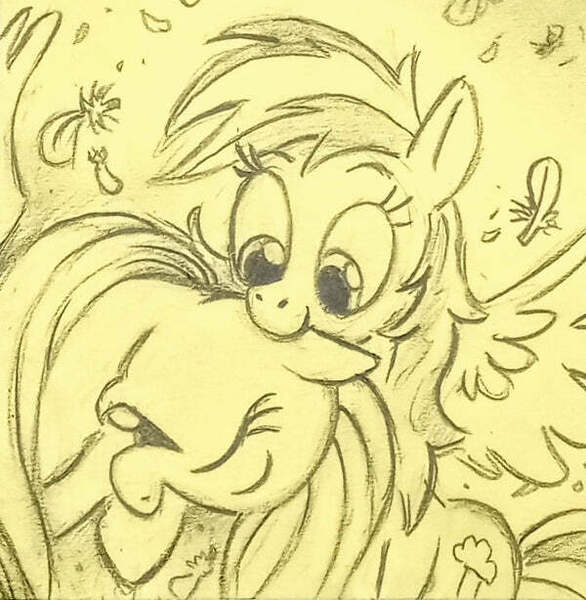 Size: 600x614 | Tagged: safe, artist:raveneesimo, derpibooru import, fluttershy, rainbow dash, pegasus, pony, biting, cute, dashabetes, ear bite, feather, female, flutterdash, image, jpeg, lesbian, mare, pencil drawing, shipping, shyabetes, traditional art