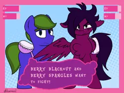 Size: 1024x768 | Tagged: safe, artist:kharmacal, derpibooru import, oc, oc:berry blackout, oc:berry spangles, unofficial characters only, earth pony, pegasus, caption, chest fluff, duo, ear fluff, image, image macro, looking at you, passepartout, png, text