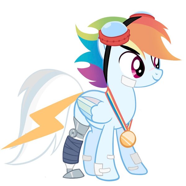 Size: 1165x1165 | Tagged: safe, artist:tsunqi, derpibooru import, rainbow dash, pegasus, pony, amputee, bandaid, goggles, gold medal, image, jpeg, lightning, medal, prosthetic leg, prosthetic limb, prosthetics, simple background, white background