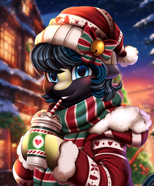 Size: 2571x3098 | Tagged: safe, artist:pridark, derpibooru import, oc, pony, bust, christmas, commission, cute, holiday, image, png, portrait, smiling, starbucks, ych result, your character here