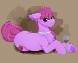 Size: 1946x1576 | Tagged: safe, artist:decemberbreeze, derpibooru import, berry punch, berryshine, g4, alcohol, drink, ear piercing, earring, glass, image, jewelry, necklace, pearl necklace, piercing, png, solo, wine, wine glass