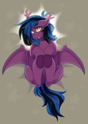 Size: 2727x3853 | Tagged: safe, artist:cheekipone, ponerpics import, oc, oc:stormy night, unofficial characters only, bat pony, pony, bat pony oc, bat wings, bed, ear tufts, eyebrows visible through hair, fangs, female, floppy ears, hoof heart, image, jpeg, mare, on back, on bed, open smile, raised leg, sidemouth, solo, spread wings, stars, two toned mane, two toned tail, underhoof, unshorn fetlocks, wings