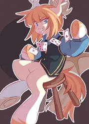 Size: 2084x2908 | Tagged: safe, artist:cheekipone, ponerpics import, oc, oc:honey milk, unofficial characters only, bat pony, pony, bat pony oc, bat wings, brown background, button, card, card trick, clothes, dress shirt, ear tufts, eye clipping through hair, eyebrows visible through hair, fangs, female, floppy ears, freckles, hoof heart, image, jpeg, magician outfit, mare, necktie, outline, raised eyebrow, simple background, sitting, smiling, socks (coat marking), solo, spread wings, stool, underhoof, unshorn fetlocks, vest, wings