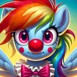 Size: 1024x1024 | Tagged: safe, ai content, derpibooru import, machine learning generated, prompter:heydude5321, rainbow dash, pegasus, pony, g4, bowtie, clown, clown nose, female, generator:bing image creator, generator:dall-e 3, image, jpeg, mare, red nose, solo, wings