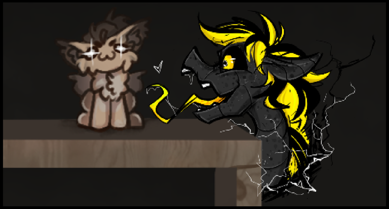 Size: 1280x690 | Tagged: safe, artist:dorkmark, artist:jehr, derpibooru import, oc, oc:dima, oc:jehr, unofficial characters only, fluffy pony, lizard, lizard pony, original species, pegasus, pony, :3, black and yellow, black eye, black sclera, chest fluff, collaboration, drool, drool string, duo, ear fluff, electricity, fangs, floppy ears, gift art, gray background, gray body, heart, image, implied vore, long neck, micro, open mouth, png, sharp teeth, shelf, shrunken pupils, simple background, sitting, sketch, soft vore, sparkles, sparkly eyes, teeth, tongue out, vore, wingding eyes, wings, wood, yellow eyes, yellow mane, yellow tongue