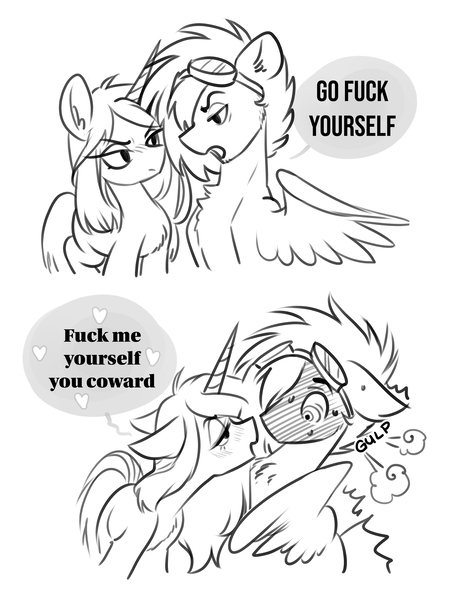 Size: 2700x3539 | Tagged: suggestive, artist:opalacorn, derpibooru import, oc, oc:gryph xander, oc:parallel pop, unofficial characters only, pegasus, pony, unicorn, 2 panel comic, bedroom eyes, black and white, blushing, comic, duo, duo male and female, female, flirting, floppy ears, flustered, fuck me yourself you coward, goggles, grayscale, horn, image, jpeg, male, monochrome, simple background, sweat, vulgar, white background