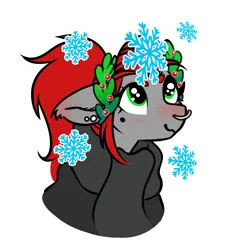 Size: 2708x2918 | Tagged: safe, artist:opalacorn, derpibooru import, oc, oc:void, pegasus, pony, clothes, female, holly, image, jpeg, laurel wreath, looking up, mare, mole, nose blush, nose piercing, nose ring, piercing, scarf, simple background, smiling, snow, snowflake, solo, wavy mouth, white background, winter