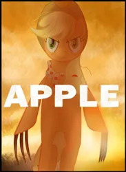 Size: 588x803 | Tagged: safe, derpibooru import, applejack, earth pony, pony, g4, apple, bipedal, claws, crossover, food, image, marvel, movie poster, movie reference, my little pony, parody, png, standing, sunset, wolverine, wtf, x-men