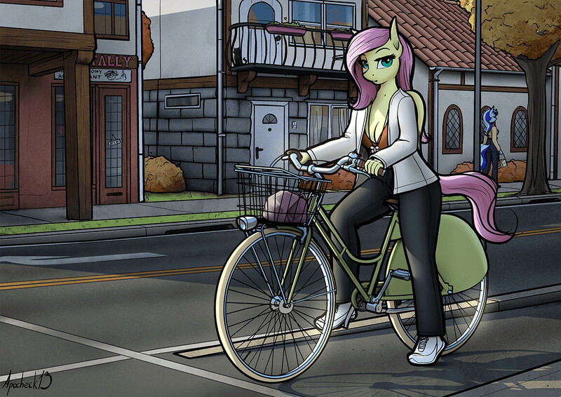 Size: 1160x820 | Tagged: safe, artist:apocheck13, ponerpics import, fluttershy, anthro, bicycle, bra, breasts, cleavage, clothes, female, image, jpeg, solo, underwear