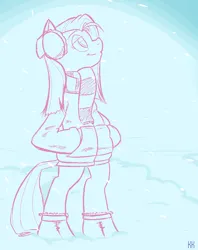 Size: 741x937 | Tagged: safe, artist:anonymous, derpibooru import, pinkie pie, semi-anthro, boots, clothes, drawthread, female, hand in pocket, image, lidded eyes, pinkamena diane pie, png, relaxed, requested art, shoes, smiling, snow, solo, winter outfit