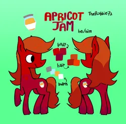 Size: 948x936 | Tagged: safe, artist:the---robbie72, derpibooru import, oc, oc:apricot jam, unofficial characters only, earth pony, pony, gradient background, image, male, name, png, pronouns, raised hoof, reference sheet, smiling, solo, stallion, text