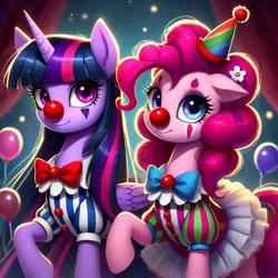 Size: 1024x1024 | Tagged: safe, ai content, derpibooru import, machine learning generated, prompter:heydude5321, pinkie pie, twilight sparkle, alicorn, earth pony, pony, g4, alternate hairstyle, balloon, bowtie, clothes, clown, clown nose, duo, female, floppy ears, flower, flower in hair, generator:bing image creator, generator:dall-e 3, hat, horn, image, jpeg, long hair, mare, multicolored eyes, red nose, tutu, wings