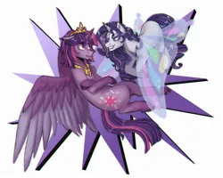 Size: 2500x2000 | Tagged: safe, artist:slapearl, derpibooru import, rarity, twilight sparkle, twilight sparkle (alicorn), alicorn, pony, unicorn, alternate hairstyle, butterfly wings, duo, duo female, eyeshadow, female, grin, horn, image, jewelry, jpeg, lesbian, lipstick, makeup, markings, nlep, redesign, regalia, ship:rarilight, shipping, simple background, smiling, unshorn fetlocks, white background, wings