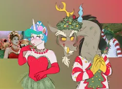 Size: 2048x1504 | Tagged: safe, artist:_oodlezz_, derpibooru import, discord, princess celestia, anthro, blushing, christmas, clothes, dislestia, dress, duo, duo male and female, female, hands together, holiday, image, jpeg, looking at each other, looking at someone, male, reflection, shipping, straight, the grinch