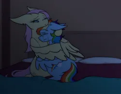 Size: 1024x800 | Tagged: safe, artist:chillykitty, derpibooru import, fluttershy, rainbow dash, pegasus, pony, fanfic:this world is, bed, bedroom, blanket, comforting, crying, cuddling, cute, daaaaaaaaaaaw, duo, emotions, eyes closed, fanfic art, female, flutterdash, fluttershy's cottage, hug, hurt/comfort, image, jpeg, lesbian, night, pillow, ptsd, sad, shipping, snuggling, teary eyes, winghug, wings