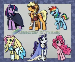 Size: 3840x3200 | Tagged: safe, artist:brella, derpibooru import, applejack, fluttershy, pinkie pie, rainbow dash, rarity, twilight sparkle, unicorn, fanfic:friendship is tragic, alternate hairstyle, alternate universe, broken horn, clothes, dress, horn, image, jpeg, mane six, one eyed, unicorn twilight, wingless, wingless rainbow dash