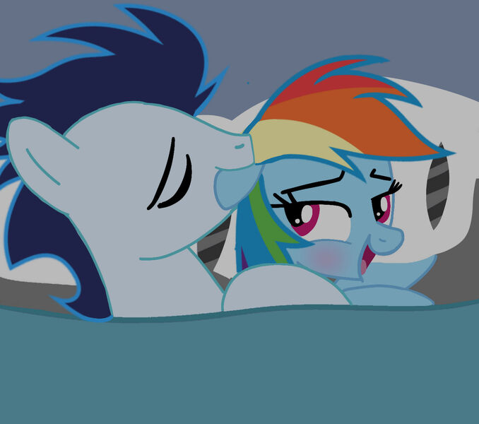 Size: 1280x1132 | Tagged: suggestive, artist:soarindasher10, derpibooru import, rainbow dash, soarin', pegasus, pony, bed, blushing, female, image, jpeg, male, mare, shipping, soarindash, stallion, straight