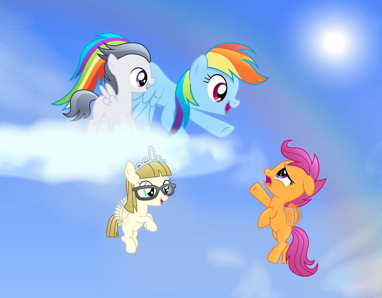 Size: 2773x2163 | Tagged: safe, artist:rainbownspeedash, derpibooru import, rainbow dash, rumble, scootaloo, zippoorwhill, pegasus, pony, g4, buzzing wings, cheering, cloud, cloudy, colt, female, filly, foal, image, male, mare, png, scootaloo can fly, scootalove, wings