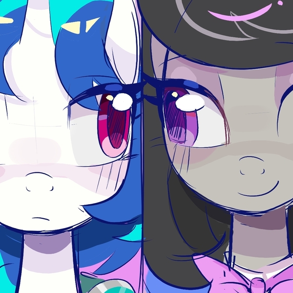 Size: 1000x1000 | Tagged: safe, artist:rlabbiy, derpibooru import, octavia melody, vinyl scratch, earth pony, pony, unicorn, g4, blushing, bowtie, close-up, detached collar, female, horn, image, jpeg, looking at each other, looking at someone, mare, one eye closed, smiling, wink