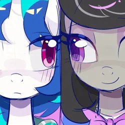 Size: 1000x1000 | Tagged: safe, artist:rlabbiy, derpibooru import, octavia melody, vinyl scratch, earth pony, pony, unicorn, g4, blushing, bowtie, close-up, detached collar, female, horn, image, jpeg, looking at each other, looking at someone, mare, one eye closed, smiling, wink