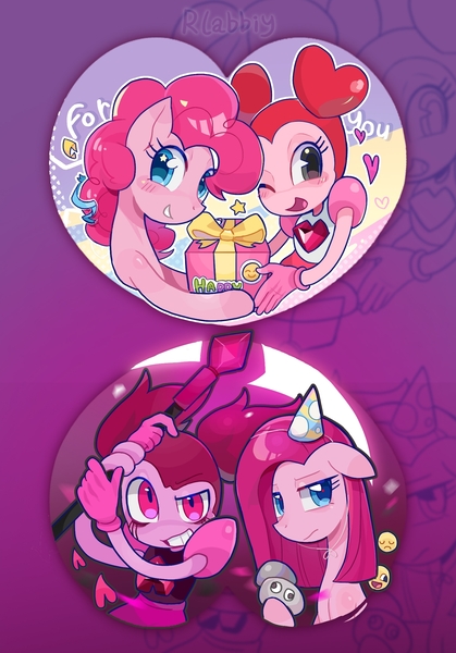 Size: 1645x2354 | Tagged: safe, artist:rlabbiy, derpibooru import, pinkie pie, earth pony, pony, :d, crossover, emoji, female, frown, gem (race), gradient background, grin, happy, hat, heart, holding, humanoid, image, jpeg, looking at you, mare, one eye closed, open mouth, open smile, outline, party hat, pinkamena diane pie, present, rock, sad, smiling, spinel (steven universe), staff, steven universe, text, upper body, white outline, wink, zoom layer