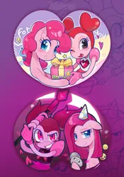 Size: 1645x2354 | Tagged: safe, artist:rlabbiy, derpibooru import, pinkie pie, earth pony, pony, :d, crossover, emoji, female, frown, gem (race), gradient background, grin, happy, hat, heart, holding, humanoid, image, jpeg, looking at you, mare, one eye closed, open mouth, open smile, outline, party hat, pinkamena diane pie, present, rock, sad, smiling, spinel (steven universe), staff, steven universe, text, upper body, white outline, wink, zoom layer