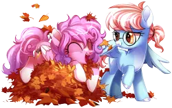 Size: 1432x904 | Tagged: safe, artist:oddysies, derpibooru import, oc, oc:cherry blossom, oc:cloud jumper, unofficial characters only, pegasus, pony, duo, female, glasses, image, leaves, leaves in hair, looking at each other, mare, open mouth, open smile, png, simple background, smiling, tied mane, transparent background