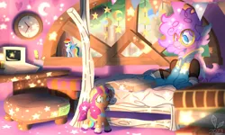 Size: 2940x1760 | Tagged: safe, artist:ccrystalonyxx, derpibooru import, rainbow dash, sunny starscout, oc, oc:cherry blossom, unofficial characters only, pegasus, pony, g5, bedroom, book, clothes, computer, female, glasses, heterochromia, hoodie, image, mare, old computer, oversized clothes, plushie, png, reading, solo, window, wonderbolt hoodie