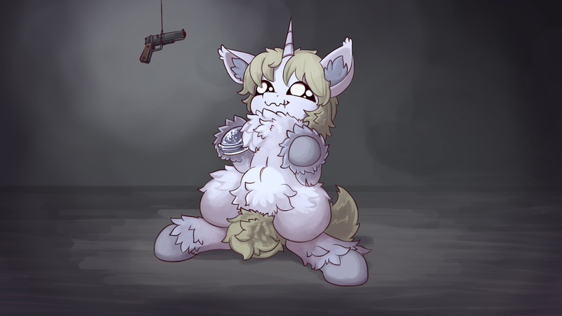 Size: 3840x2160 | Tagged: safe, artist:alexsavenije, derpibooru import, oc, oc:bush ranger, unofficial characters only, pony, unicorn, bait, begging, behaving like a dog, chest fluff, cute, ear fluff, fluffy, gun, handgun, horn, horseshoes, image, jpeg, m1911, male, ocbetes, pistol, scar, solo, solo male, stallion, string, unicorn oc, weapon