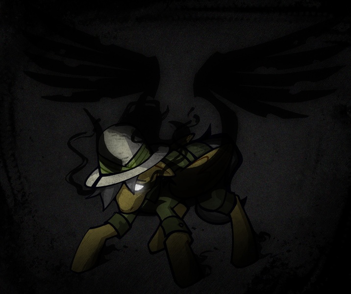 Size: 1727x1448 | Tagged: safe, artist:bunnyshrubby, derpibooru import, daring do, pony of shadows, oc, unofficial characters only, pegasus, pony, shadow pony, equestria at war mod, g4, black, blank eyes, clothes, curved horn, dark, female, glow, glowing eyes, hat, horn, image, jpeg, my little pony, possessed, shirt, solo, venom, wings