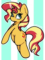 Size: 1321x1778 | Tagged: safe, artist:kindakismet, derpibooru import, sunset shimmer, pony, unicorn, g4, abstract background, horn, image, png, smiling, solo, striped background