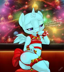 Size: 1200x1350 | Tagged: suggestive, artist:miniferu, derpibooru import, oc, alicorn, anthro, pony, ass, butt, christmas, commission, female, filly, foal, harness, holiday, image, jpeg, solo, tack, tongue out, your character here