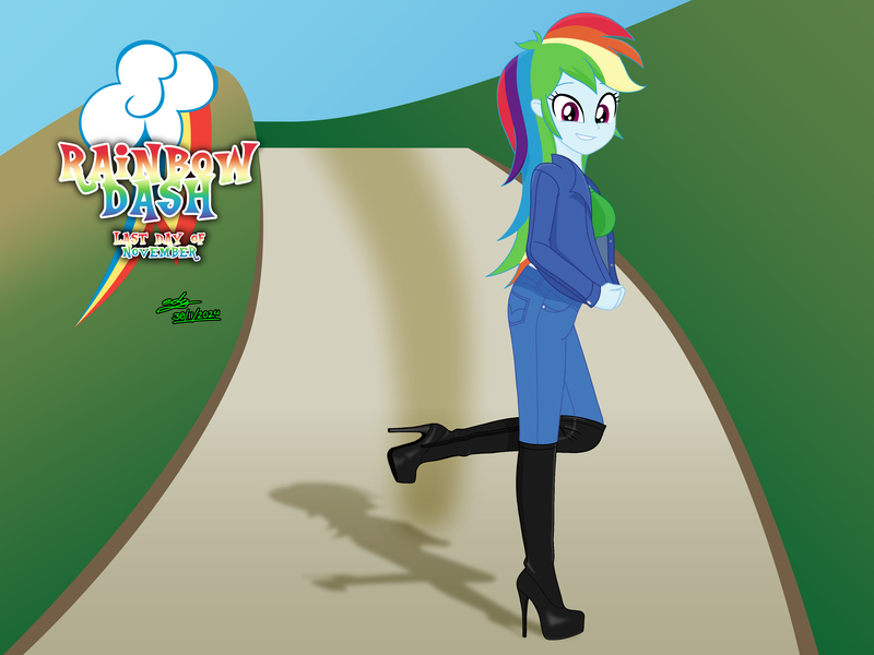 Size: 3840x2880 | Tagged: safe, artist:gibsterboy5, derpibooru import, rainbow dash, human, equestria girls, g4, black shoes, boots, breasts, clothes, complex background, cute, cutie mark, dashabetes, denim, denim jacket, female, high heel boots, high heels, high res, image, jacket, jeans, jpeg, leather, leather boots, looking at you, outdoors, pants, platform boots, platform heels, platform shoes, road, shadow, shirt, shoes, signature, smiling, smiling at you, solo, standing, standing on one leg, text