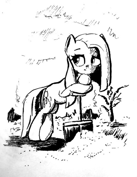 Size: 600x777 | Tagged: safe, artist:anonymous, derpibooru import, pinkie pie, earth pony, pony, g4, crossed legs, drawthread, female, grayscale, image, jpeg, leaning, leaning on shovel, mare, monochrome, pinkamena diane pie, requested art, shovel, snow, solo, tree