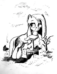 Size: 600x777 | Tagged: safe, artist:anonymous, derpibooru import, pinkie pie, earth pony, pony, g4, crossed legs, drawthread, female, grayscale, image, jpeg, leaning, leaning on shovel, mare, monochrome, pinkamena diane pie, requested art, shovel, snow, solo, tree