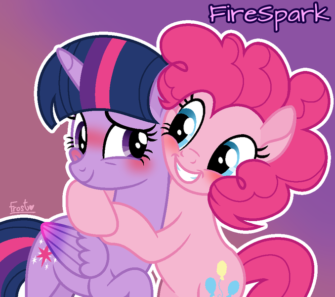 Size: 1020x903 | Tagged: safe, artist:firesparkmlp, derpibooru import, pinkie pie, twilight sparkle, twilight sparkle (alicorn), alicorn, earth pony, g4, blushing, female, hug, image, lesbian, png, shipping, smiling, twinkie