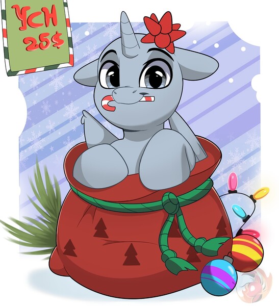 Size: 1822x1999 | Tagged: safe, artist:joaothejohn, derpibooru import, oc, unofficial characters only, pony, candy, candy cane, christmas, christmas lights, commission, cute, floppy ears, food, holiday, horn, image, jpeg, looking at you, santa sack, simple background, text, wings, your character here