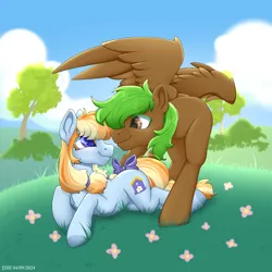 Size: 4134x4134 | Tagged: safe, artist:jjsh, derpibooru import, oc, oc:aurelia coe, oc:peatmoss, unofficial characters only, earth pony, pegasus, pony, bow, bush, cloud, cute, cute face, female, field, flower, grass, high res, image, looking at each other, looking at someone, lying down, male, mare, nature, outdoors, png, smiling, smiling at each other, stallion, tail, tail bow, tree, wings