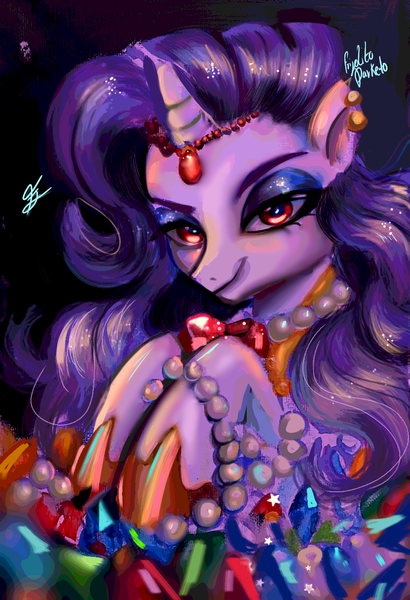 Size: 874x1280 | Tagged: safe, artist:frijolito darketo, derpibooru import, rarity, bat pony, pony, undead, unicorn, vampire, g4, hair, horn, image, jewelry, lidded eyes, my little pony, necklace, pearl necklace, png, traditional art