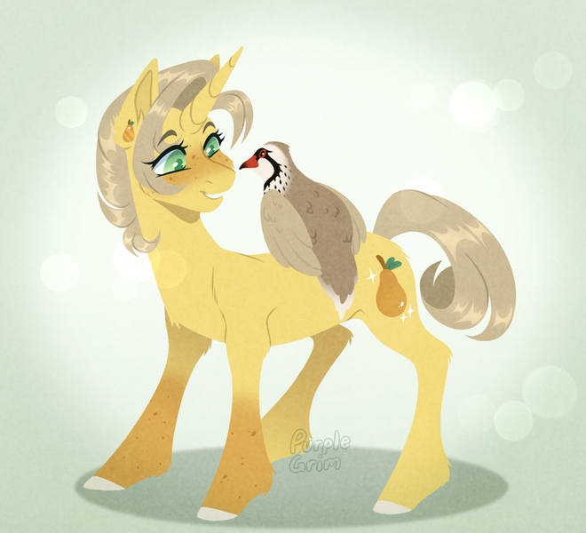 Size: 1100x1000 | Tagged: safe, artist:purplegrim40, derpibooru import, oc, bird, pony, unicorn, female, horn, image, lineless, mare, partridge, png, solo