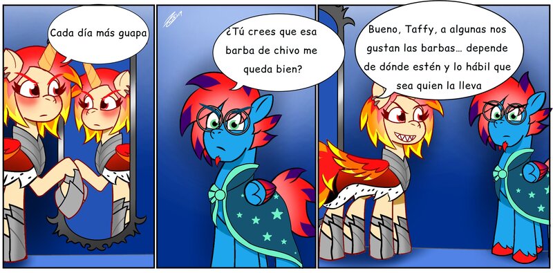 Size: 3458x1707 | Tagged: safe, artist:tsumury, derpibooru import, oc, oc:layzat, oc:taffy, unofficial characters only, alicorn, pegasus, pony, g5, my little pony: tell your tale, alicorn oc, cloak, clothes, comic, costume, dialogue, ear piercing, female, folded wings, glasses, grin, horn, image, implied king sombra, jpeg, looking at a mirror, male, mare, mirror, pegasus oc, piercing, raised hoof, sharp teeth, signature, smiling, speech bubble, stallion, sunburst's cloak, teeth, unshorn fetlocks, wings