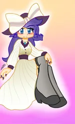 Size: 1235x2048 | Tagged: safe, artist:tsumury, derpibooru import, rarity, human, g4, blushing, bow, clothes, gradient background, hat, humanized, image, jpeg, light skin, painted nails, raristocrat, rose dewitt bukater, shoes, signature, solo, titanic