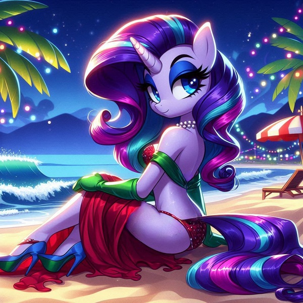 Size: 1024x1024 | Tagged: suggestive, ai content, derpibooru import, machine learning generated, rarity, anthro, g4, beach, beach chair, bikini, breasts, chair, christmas, christmas lights, clothes, female, gloves, high heel sandals, high heels, holiday, image, jewelry, jpeg, mountain, necklace, night, ocean, palm tree, pearl necklace, sandals, shoes, side view, smiling, solo, solo female, string bikini, swimsuit, thighs, towel, tree, umbrella, water, wave